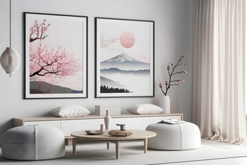 Peaceful Japanese Inspired Minimalist Living Room Decor with Mountain Landscape Artwork