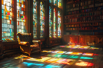 A historical university library with a worn leather armchair on the left side. Sunlight filters through stained glass windows, casting colorful patterns on the floor. Copyspace on the right.
