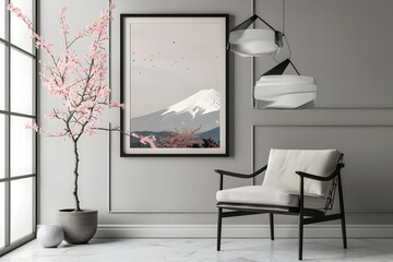 Majestic Mount Fuji with Blossoming Japanese Cherry Trees Minimalist Wall Art Poster