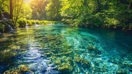 Deep forest stream with crystal clear water