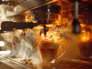 Closeup of an espresso shot, focus coffee machine, warm