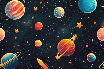 Vibrant Cosmic Pattern of Colorful Planets and Galaxies for Enchanting Space Themed Fabric Design