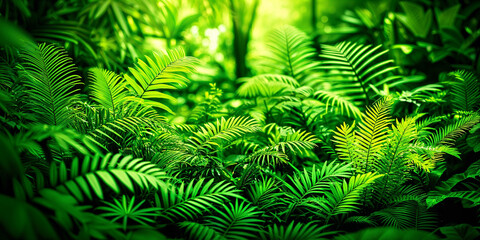 A lush, green forest filled with ferns and other plants, creating a dense canopy that covers the ground.