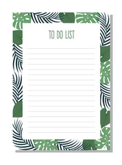 Planner, to do list with tropical leaves of monstera and palm leaves.