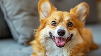 Funny, happy, corgi dog with bright expression, looking at camera with happy expression, love friendship loyalty companion cute