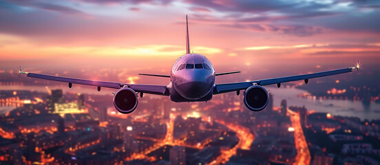 A civil aviation aircraft is flying over the city