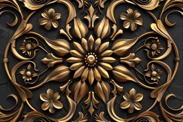 3d render, abstract black gold vintage floral background embossed, medieval botanical pattern, forged metallic tile, ancient ironwork, tropical flowers