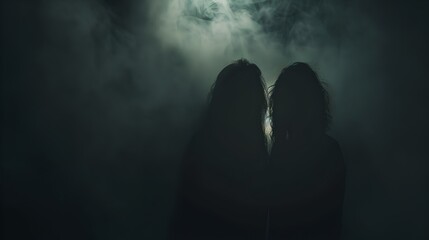 Mysterious silhouettes in the dark fog. Spooky atmosphere. Ideal for thriller scenes. Eerie and haunting vibe captured in a still image. AI