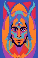 a psychedelic rock and roll music gig poster from the 1970s featuring a strange man with serious look on his face