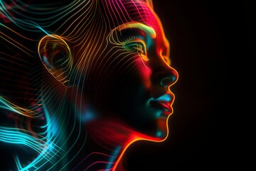 3d render, abstract linear art portrait of a woman, glowing with colorful neon light over black background
