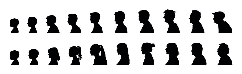 Human life cycle from newborn to retirement face profiles silhouette set on isolated white background. Man and woman life stages aging process vector black silhouette set collection.