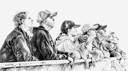 Group of men watching intently sketched illustration