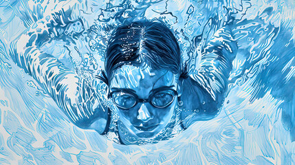 Female swimmer underwater in blue