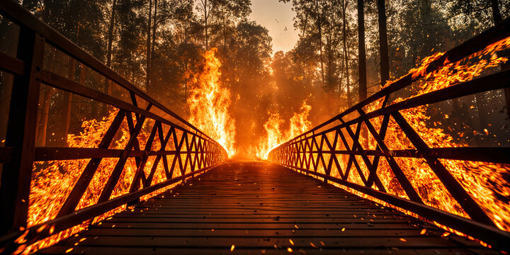 A wooden bridge with flames on both sides, creating a dramatic and fiery scene.