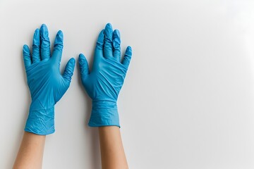 Obraz premium Woman s hands in medical blue gloves on a white background with empty copy space