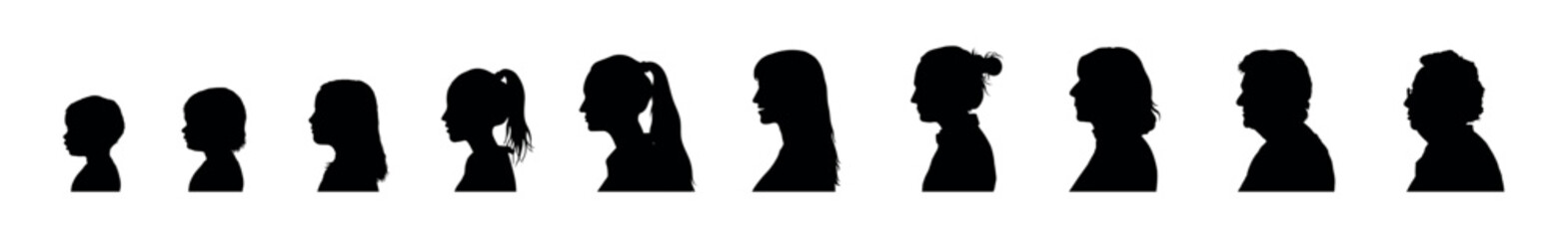 Woman life stages development vector silhouette set. Stages of woman growth and development face side profile silhouettes set collection.