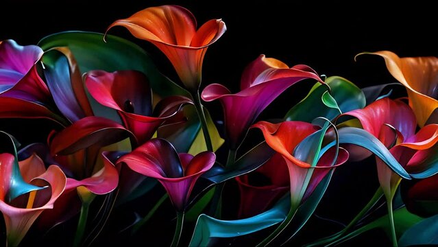 Vibrant calla lilies with flowing curves on a black background