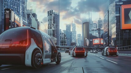 city bus and traffic, A self-driving car-sharing service providing on-demand transportation and...