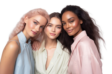 Trio of women in pastel silk blouses, embodying beauty diversity against transparent background