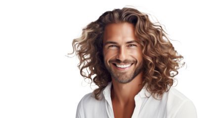 Smiling man with curly hair, portrait of happiness and confidence, casual style against transparent background