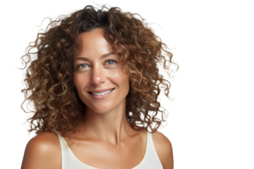 Curly-haired woman with a friendly, confident smile against against transparent background