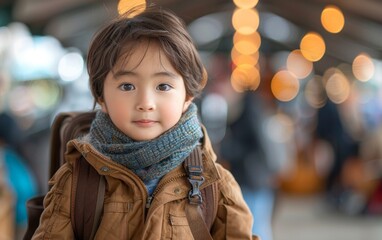 A young child wearing a brown coat and scarf is smiling at the camera. The scene appears to be a busy public area with people walking around