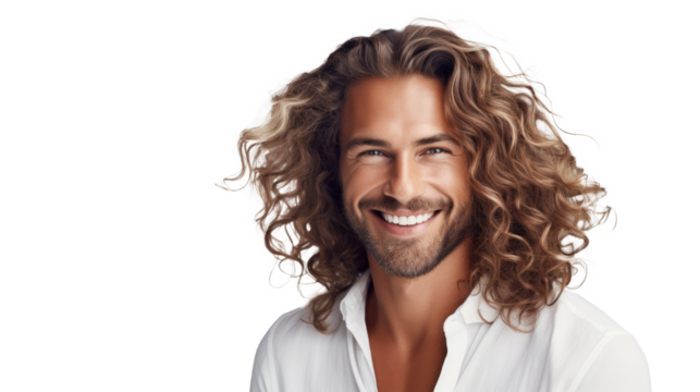 Smiling man with curly hair, portrait of happiness and confidence, casual style against transparent background