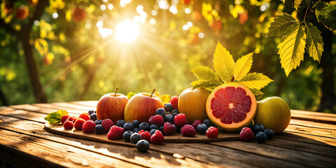 A vibrant and colorful display of fresh fruits on a wooden table, with the sun shining brightly through the trees in the background.