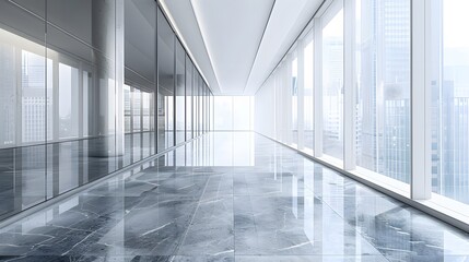 A long, empty glass corridor in an office building with large windows on one side and gray marble floors on the other. The floor reflects its surroundings.