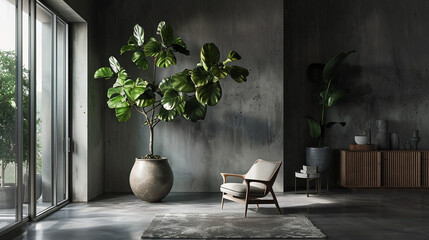 A fiddle-leaf fig tree in a contemporary interior setting, with its tall, slender trunk and lush canopy of foliage lending a sense of freshness and vitality to the room, creating a