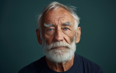 Fototapeta premium A man with a beard and white hair is wearing a blue shirt. He has a serious expression on his face