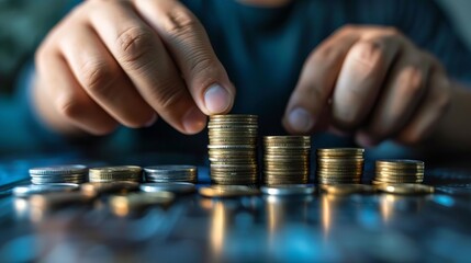 picture of man putting stack of coins into one row