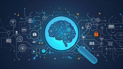 Obraz premium The image shows a magnifying glass over a digital brain