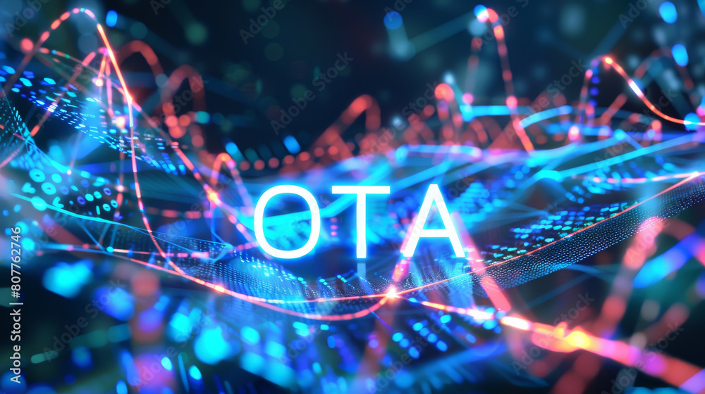 Wall mural ota over-the-air update illustration with written ota in middle of data flow to upgrade a firmware b