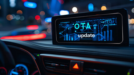 Over the air firmware update in automotive industry with a car cluster showing an over-the-air or OTA update on the screen