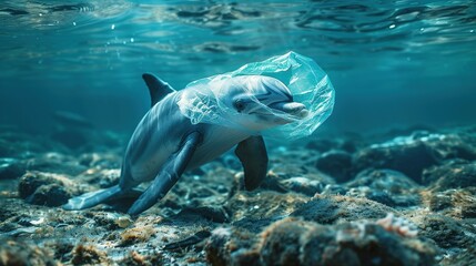 Fototapeta na wymiar Dolphin Entangled in Plastic Bag Underwater 