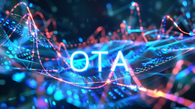 OTA over-the-air update illustration with written OTA in middle of data flow to upgrade a firmware background