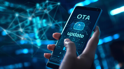 Over the air firmware update in smartphone industry with a smart phone screen showing an over-the-air or OTA update on the device