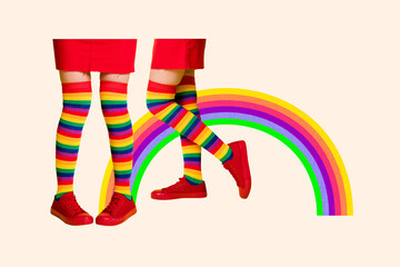 Creative picture collage girl legs long socks shoes lgbt colorful outfit rainbow support community tolerance pride symbol