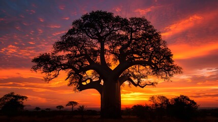 A majestic baobab tree stands tall against the backdrop of an African sunset, its branches reaching towards the sky with leaves that resemble elephant trunks. 