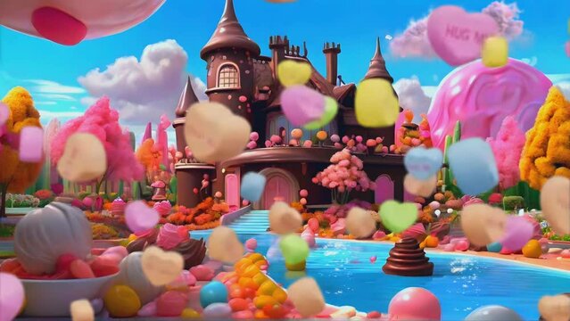 the beauty of the chocolate kingdom with colorful cotton candy trees, world chocolate day background, seamless looping time lapse virtual 4k video animation background
