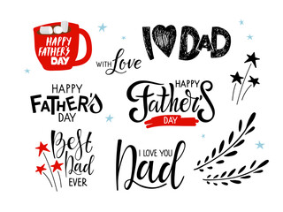 Father's day sign set. Vector Happy Fathers Day hand written set for greeting cards, invitation, social media. Happy Father's Day Design Collection. Holiday inscriptions. hand lettering quotes