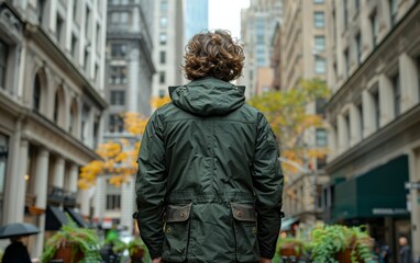 Fototapeta premium A man wearing a green jacket stands in front of a building. The image has a moody and urban feel, with the man looking out into the city