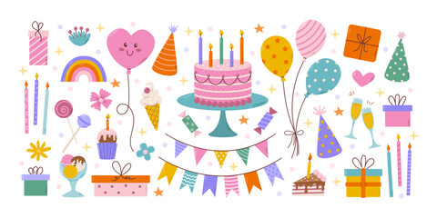 Birthday big decorative elements set. Different party objects, colorful holiday items, gift, cake, ballon and garlands, vector flat illustration