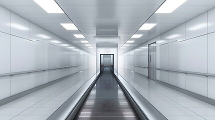 Modern Clean Hospital Corridor with Bright Lights and Empty Moving Walkway. Minimalist Clinical Interior Design. Public Space in a Contemporary Health Facility. AI