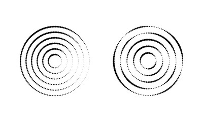 Set of circular ripple icons. Concentric circles with broken dotted lines isolated on white background. Vortex, sonar wave, soundwave, sunburst, signal signs. Vector graphic illustration