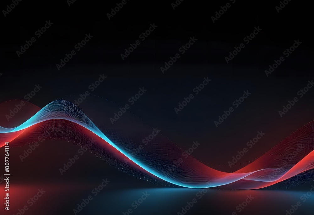 Poster digital cyberspace futuristic, red and blue color particles wave flowing with lines and dots connect