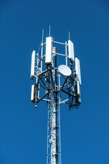 Mobile tower against the sky.  Scenery.  View of the communication station.  Cellular antenna.  Telecommunications industry