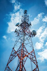 Mobile tower against the sky.  Scenery.  View of the communication station.  Cellular antenna.  Telecommunications industry