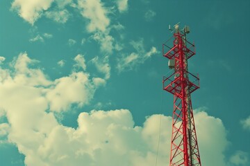 Obraz premium Mobile tower against the sky. Scenery. View of the communication station. Cellular antenna. Telecommunications industry
